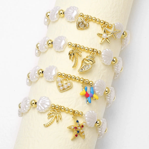 Wholesale Jewelry Copper Beaded Shell Heart Starfish Pendant Gold Plated Bracelet With Star Pattern