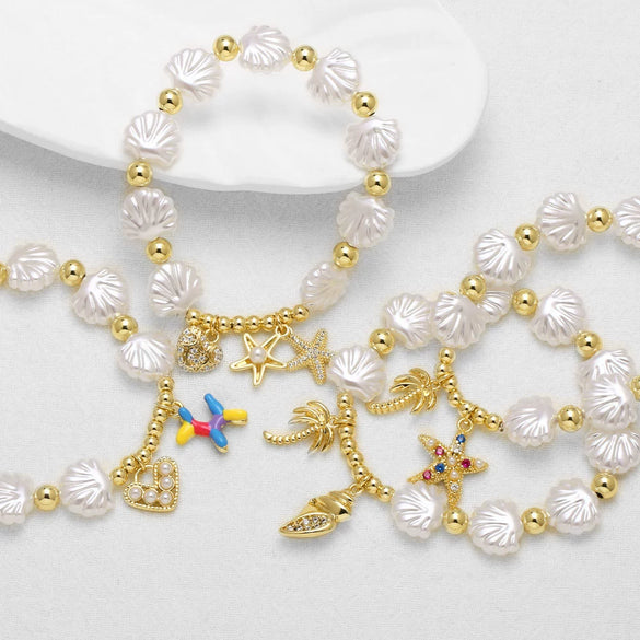 Wholesale Jewelry Copper Beaded Shell Heart Starfish Pendant Gold Plated Bracelet With Star Pattern