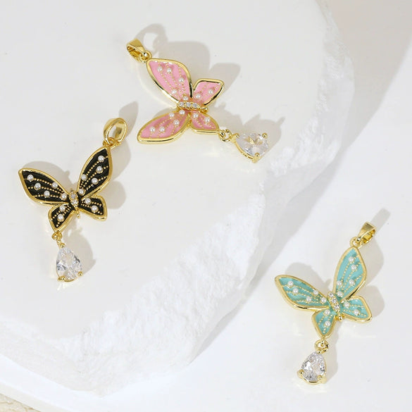 Wholesale Jewelry Copper Butterfly Pendant Necklace And Earring With Microinlay Cartoon And Animal Style