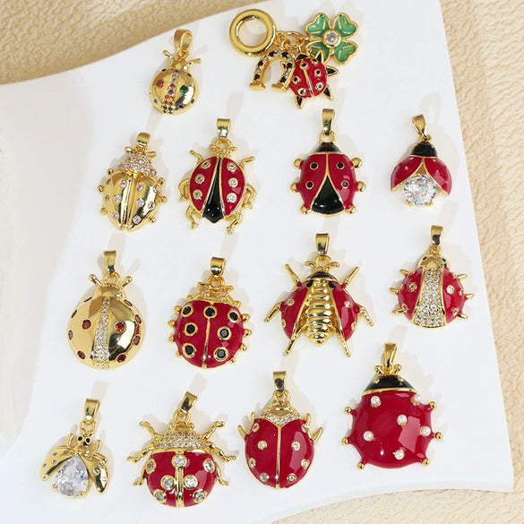 Wholesale Jewelry Copper Cartoon Animal Insect Zirconia Mini Ladybird Pendant