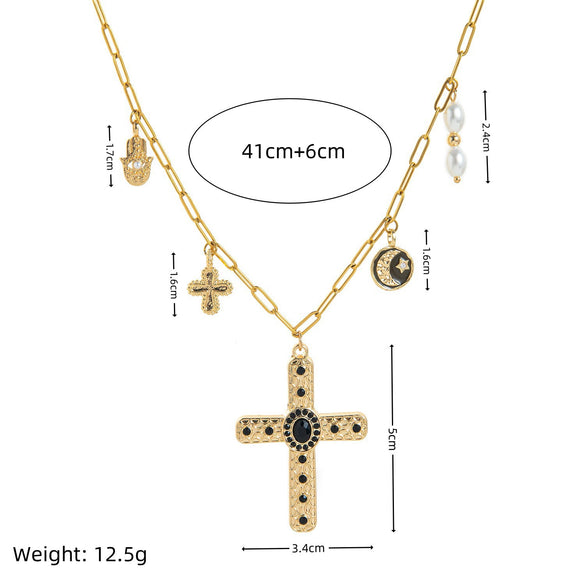 Wholesale Jewelry Copper Clavicle Chain With Cross Moon Palm Pearl Multi Pendant U Shape Geometric Electroplating