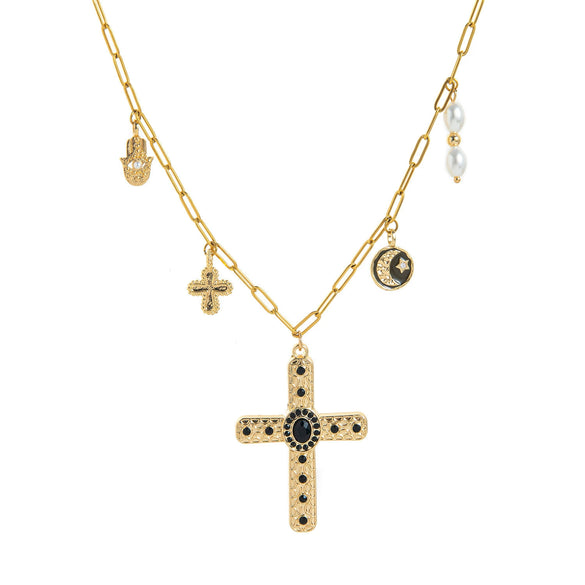Wholesale Jewelry Copper Clavicle Chain With Cross Moon Palm Pearl Multi Pendant U Shape Geometric Electroplating