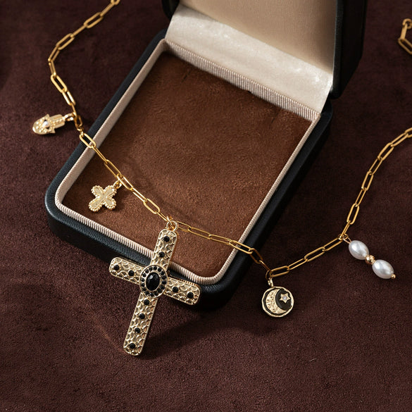 Wholesale Jewelry Copper Clavicle Chain With Cross Moon Palm Pearl Multi Pendant U Shape Geometric Electroplating