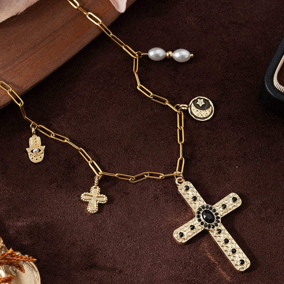 Wholesale Jewelry Copper Clavicle Chain With Cross Moon Palm Pearl Multi Pendant U Shape Geometric Electroplating