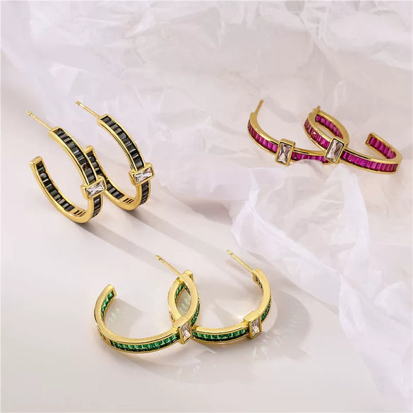 Wholesale Jewelry Copper Colored Diamond Zircon Earrings Geometric Sweet Style 18K Gold Plated