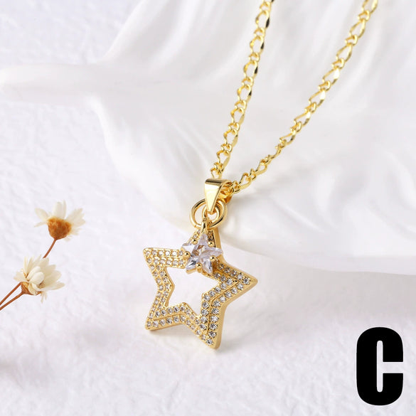 Wholesale Jewelry Copper Fivepointed Star Pendant Necklace With Zircon Electroplating For Women
