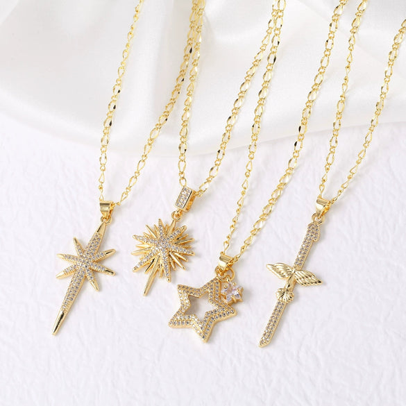 Wholesale Jewelry Copper Fivepointed Star Pendant Necklace With Zircon Electroplating For Women
