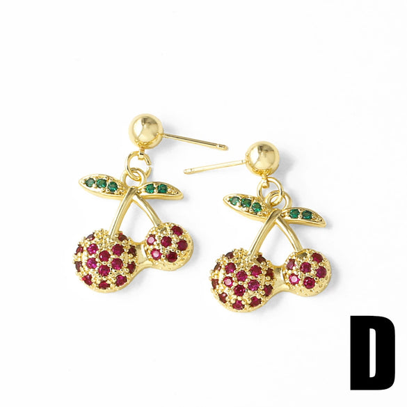 Wholesale Jewelry Copper Fruit Cherry Pendant Earrings For Women Electroplated Inlaid Zircon