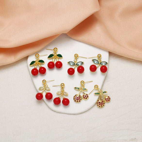 Wholesale Jewelry Copper Fruit Cherry Pendant Earrings For Women Electroplated Inlaid Zircon