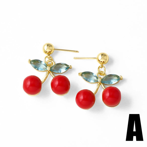 Wholesale Jewelry Copper Fruit Cherry Pendant Earrings For Women Electroplated Inlaid Zircon
