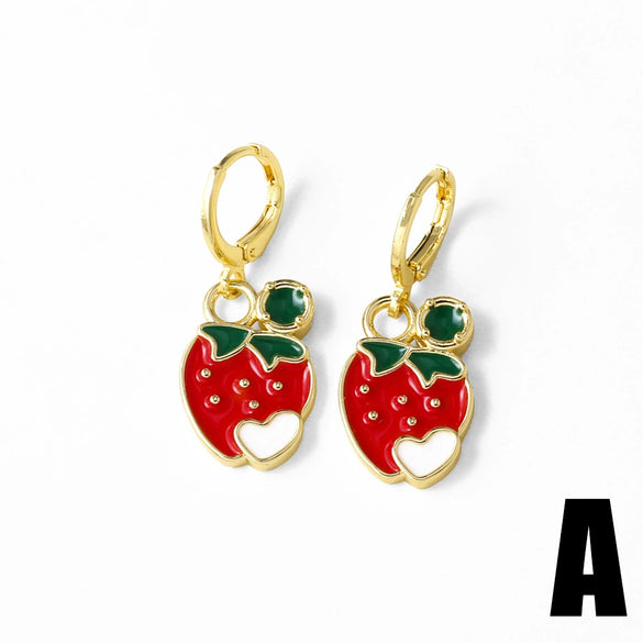 Wholesale Jewelry Copper Fruit Strawberry Cherry Goldplated Electroplated Unisex Earrings