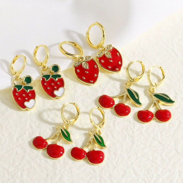 Wholesale Jewelry Copper Fruit Strawberry Cherry Goldplated Electroplated Unisex Earrings