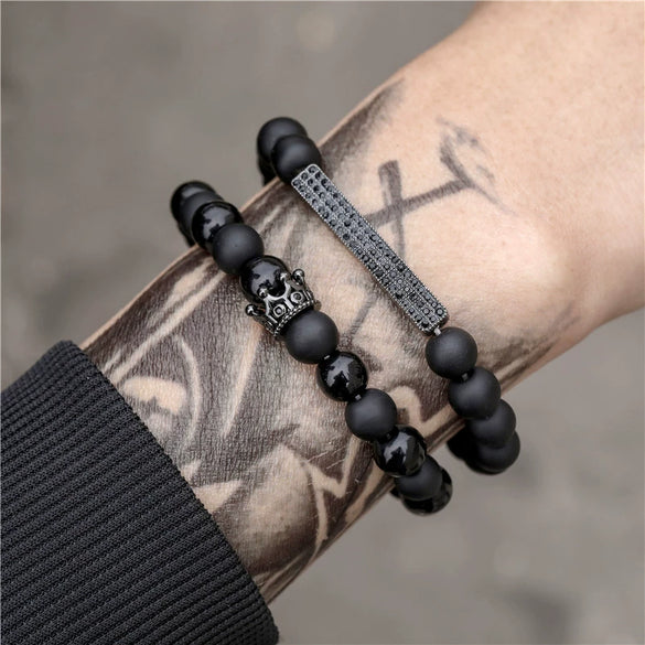 Wholesale Jewelry Copper Geometric Handmade Lava Stone Mixed Crown Elastic Bracelet Suit