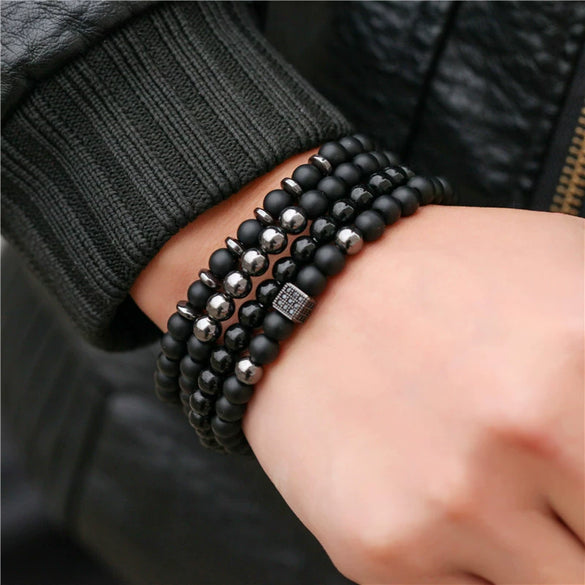 Wholesale Jewelry Copper Geometric Handmade Lava Stone Mixed Crown Elastic Bracelet Suit