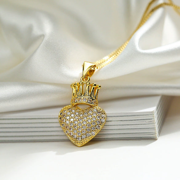 Wholesale Jewelry Copper Geometric Heart Crown Pendant Necklace Gold Electroplated For Women