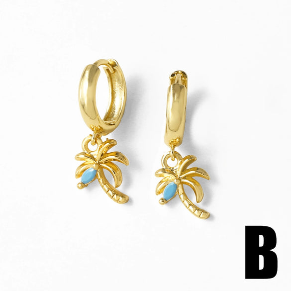 Wholesale Jewelry Copper Geometric Love Map Coconut Tree Pendant Electroplated Women's Earring