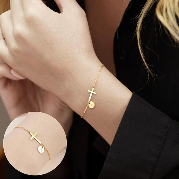 Wholesale Jewelry Copper Geometric Style Circle Tag Cross Bracelet With Electroplating For Women