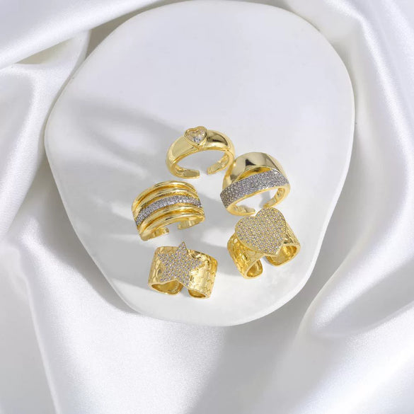 Wholesale Jewelry Copper Gold Plated Love Heart Fivepointed Star Open Ring With Bow Tie Minimalist Style