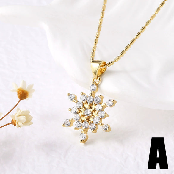 Wholesale Jewelry Copper Goldplated Geometric Fourleaf Clover Snowflake Pendant Necklace With Bamboo Chain