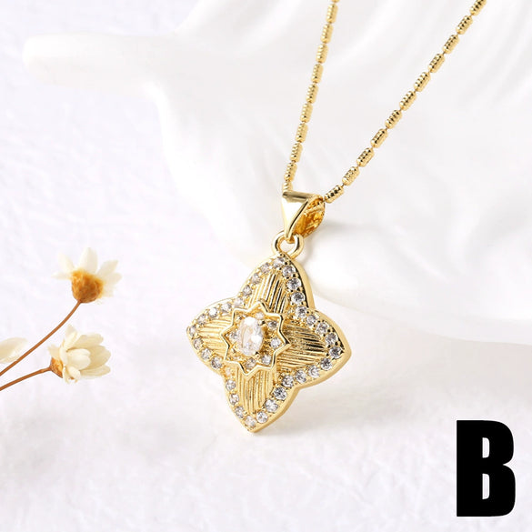 Wholesale Jewelry Copper Goldplated Geometric Fourleaf Clover Snowflake Pendant Necklace With Bamboo Chain