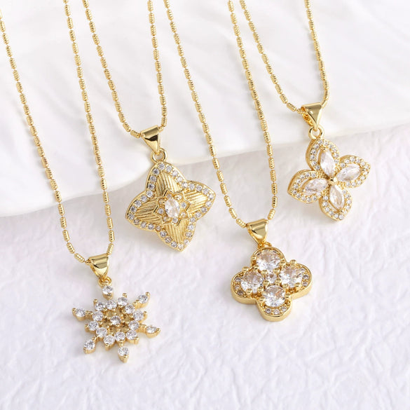 Wholesale Jewelry Copper Goldplated Geometric Fourleaf Clover Snowflake Pendant Necklace With Bamboo Chain