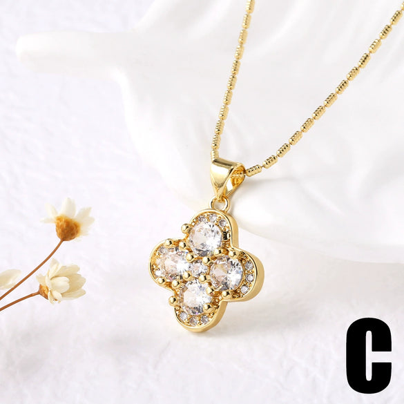 Wholesale Jewelry Copper Goldplated Geometric Fourleaf Clover Snowflake Pendant Necklace With Bamboo Chain