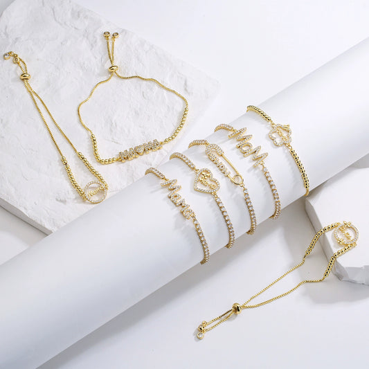 Wholesale Jewelry Copper Goldplated Inlaid Artificial Gem And Semiprecious Stone Geometric Style Pushpull Adjustable Women's Bracelet