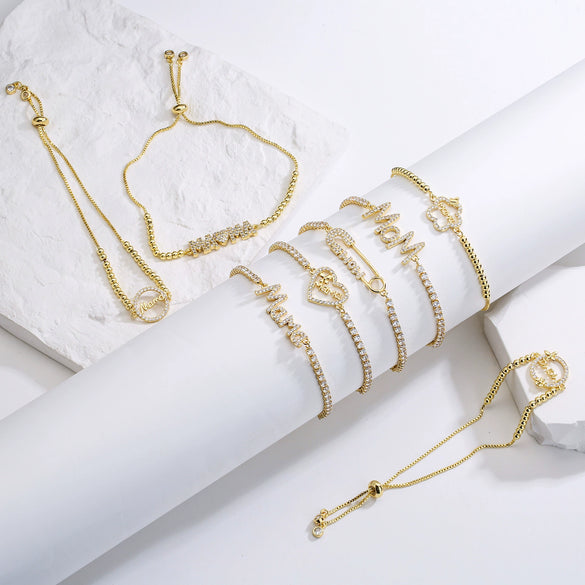 Wholesale Jewelry Copper Goldplated Inlaid Artificial Gem And Semiprecious Stone Geometric Style Pushpull Adjustable Women's Bracelet