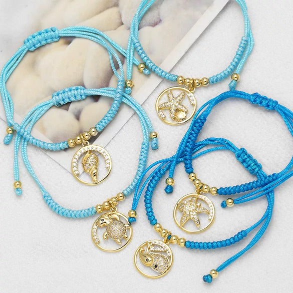 Wholesale Jewelry Copper Goldplated Starfish Turtle Pendant Braided Bracelet Simple Style Electroplating