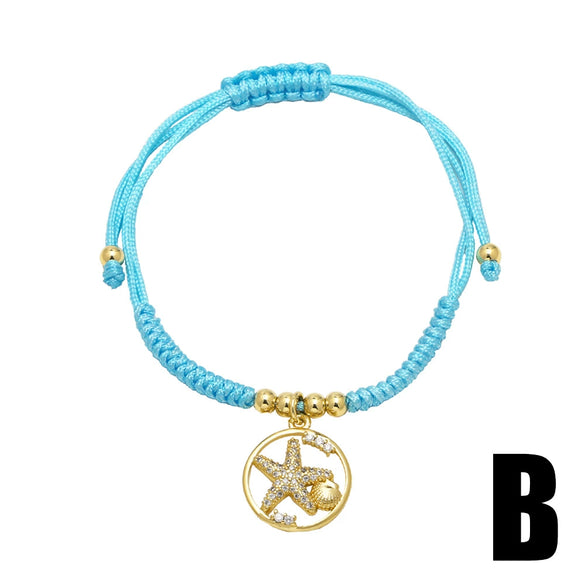 Wholesale Jewelry Copper Goldplated Starfish Turtle Pendant Braided Bracelet Simple Style Electroplating
