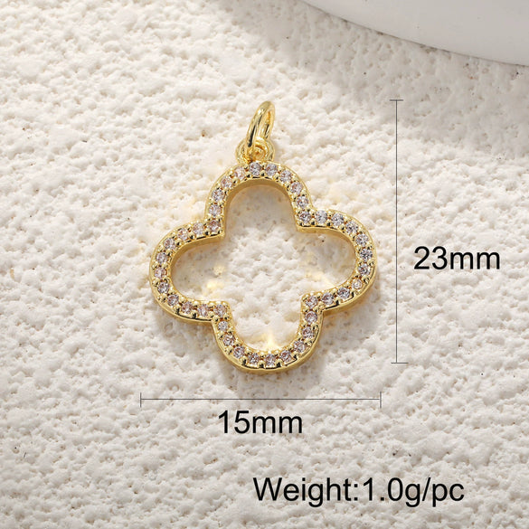 Wholesale Jewelry Copper Goldplated Sweet Style Flower Fourleaf Clover Pendant With Zircon Inlaid And Colorpreserving Abalone Shell Diy Jewelry Accessories Double Hole