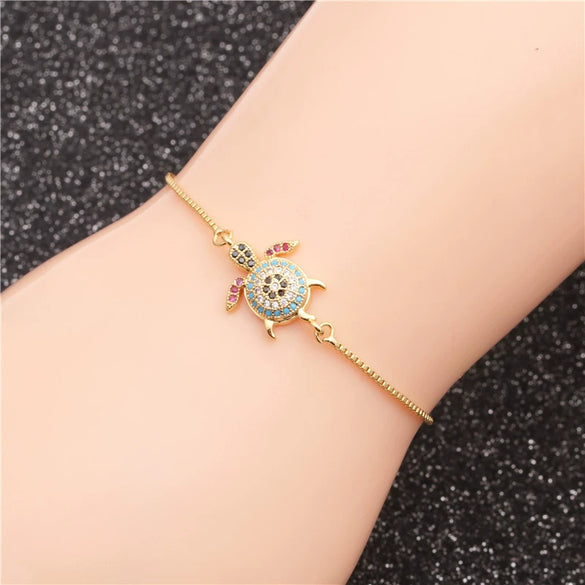Wholesale Jewelry Copper Handmade Microinlaid Zircon Turtle Adjustable Unisex Bracelet