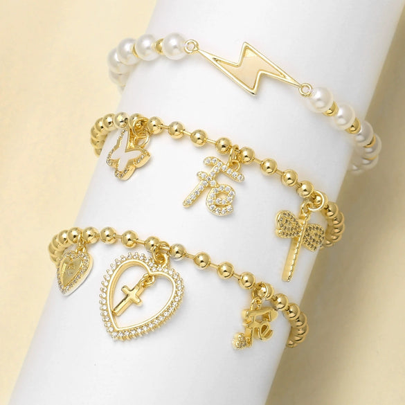 Wholesale Jewelry Copper Heart Butterfly Dragonfly Pendant Beaded Bracelet Electroplated