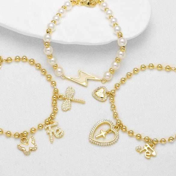Wholesale Jewelry Copper Heart Butterfly Dragonfly Pendant Beaded Bracelet Electroplated