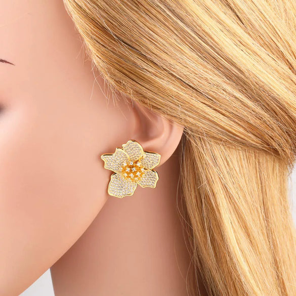 Wholesale Jewelry Copper Heart Shape Full Zircon Real Gold Plated Earrings