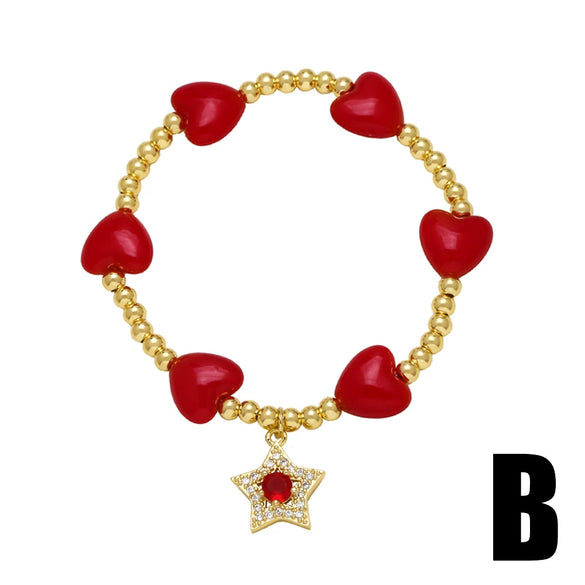 Wholesale Jewelry Copper Heart Star Fruit Pendant Beaded Bracelet Electroplated
