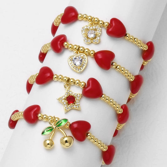 Wholesale Jewelry Copper Heart Star Fruit Pendant Beaded Bracelet Electroplated