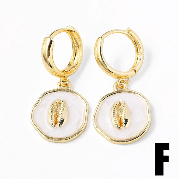 Wholesale Jewelry Copper Inlaid Shell Geometric Pendant Earrings With Electroplating For Women