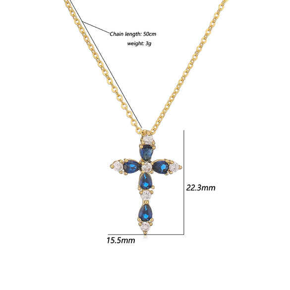 Wholesale Jewelry Copper Inlaid Water Drop Colored Diamond Cross Pendant Necklace Geometric Style For Women