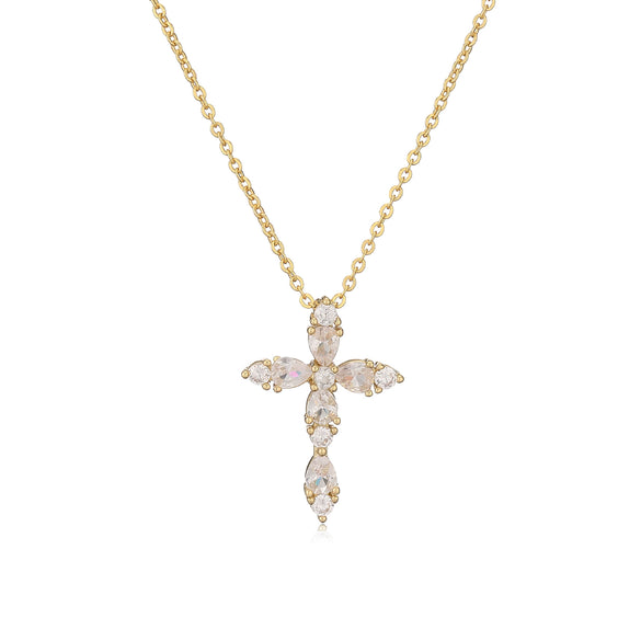 Wholesale Jewelry Copper Inlaid Water Drop Colored Diamond Cross Pendant Necklace Geometric Style For Women