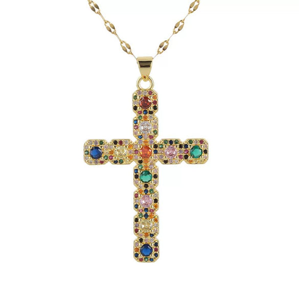 Wholesale Jewelry Copper Inlaid Zircon Cross Pendant Necklace Fashion Geometric Style Handmade