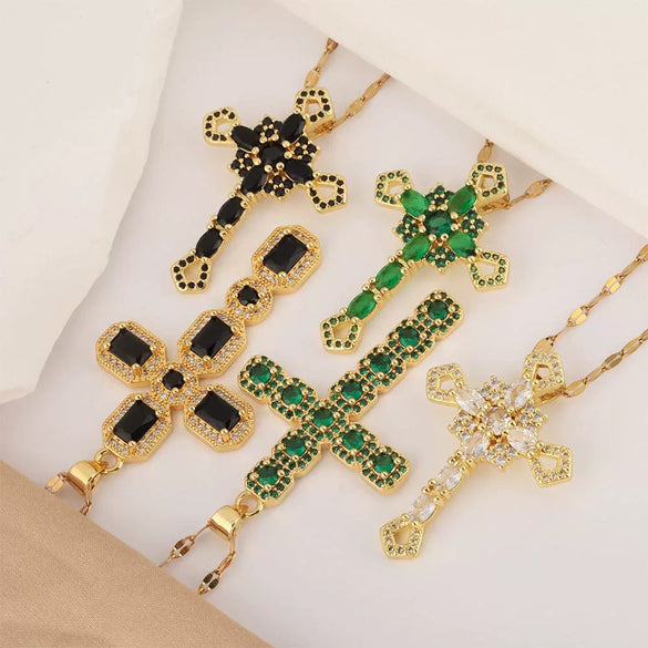 Wholesale Jewelry Copper Inlaid Zircon Cross Pendant Necklace Fashion Geometric Style Handmade