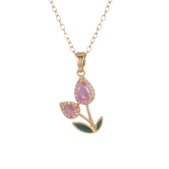 Wholesale Jewelry Copper Inlaid Zircon Electroplated Real Gold Flower Pendant Titanium Steel Chain Women's Necklace