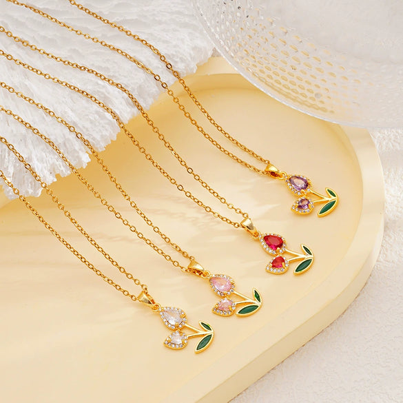 Wholesale Jewelry Copper Inlaid Zircon Electroplated Real Gold Flower Pendant Titanium Steel Chain Women's Necklace