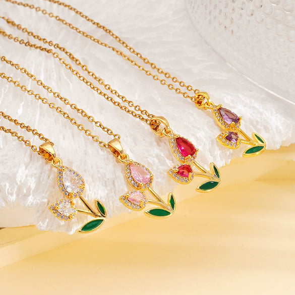 Wholesale Jewelry Copper Inlaid Zircon Electroplated Real Gold Flower Pendant Titanium Steel Chain Women's Necklace