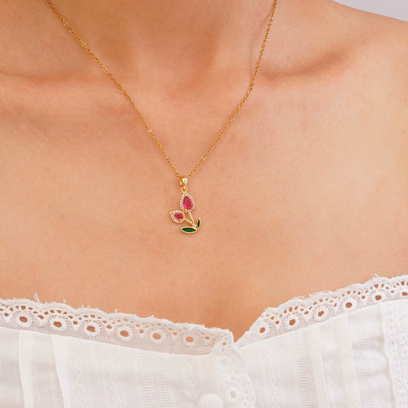 Wholesale Jewelry Copper Inlaid Zircon Electroplated Real Gold Flower Pendant Titanium Steel Chain Women's Necklace