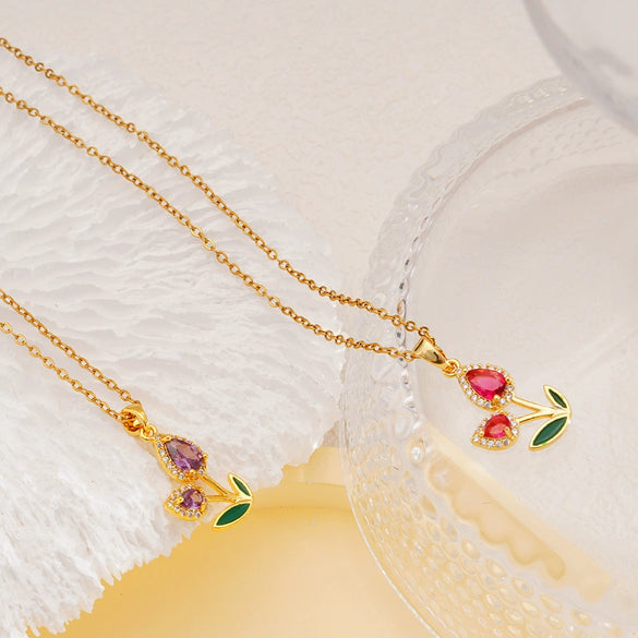 Wholesale Jewelry Copper Inlaid Zircon Electroplated Real Gold Flower Pendant Titanium Steel Chain Women's Necklace