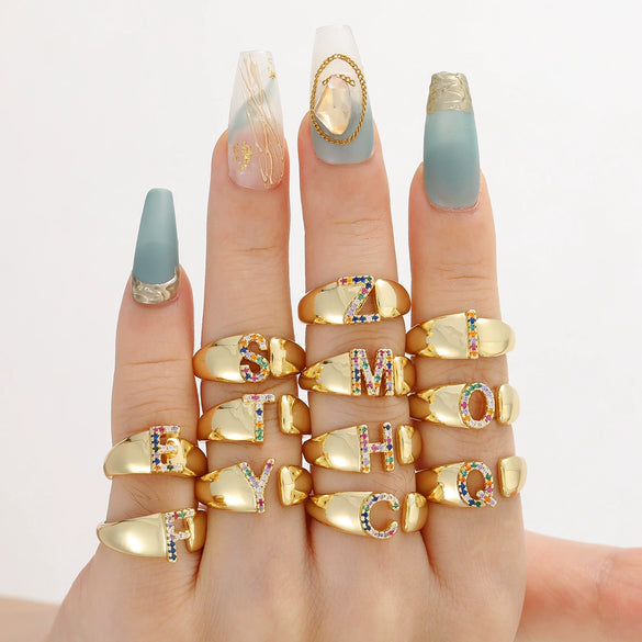 Wholesale Jewelry Copper Inlaid Zircon Fashion Open Ring With Letter Pattern
