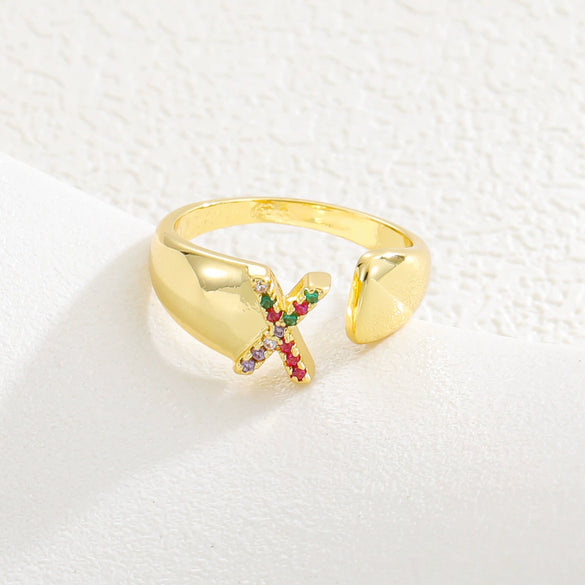 Wholesale Jewelry Copper Inlaid Zircon Fashion Open Ring With Letter Pattern