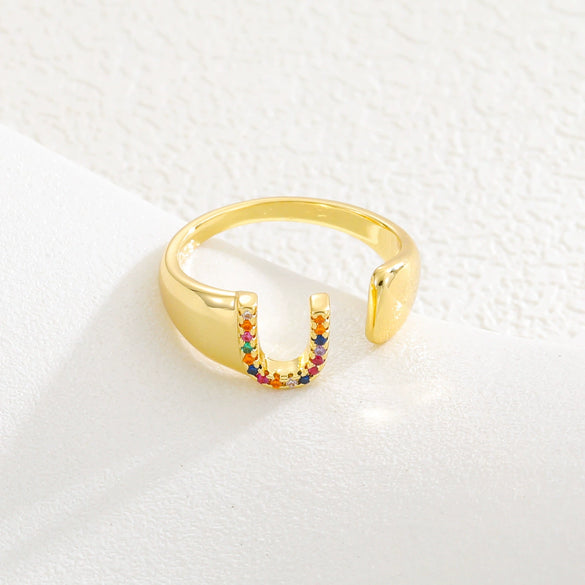 Wholesale Jewelry Copper Inlaid Zircon Fashion Open Ring With Letter Pattern
